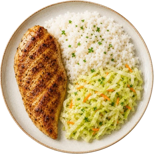 Chicken fillet, rice and cabbage salad